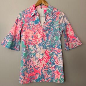 Lilly Pulitzer Ginger Stretch Dress Womens 00 Pink Floral Notch Neck 3/4 Sleeve